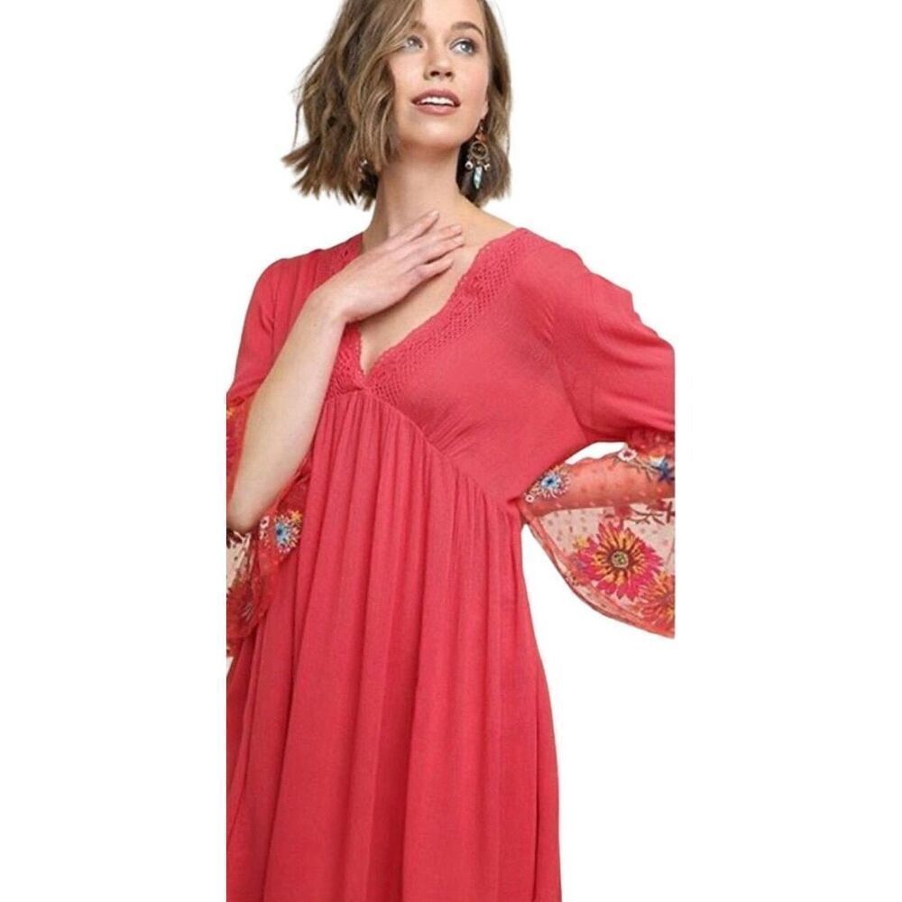 Umgee boho tunic with embroidered mesh sleeves M red festival Coachella